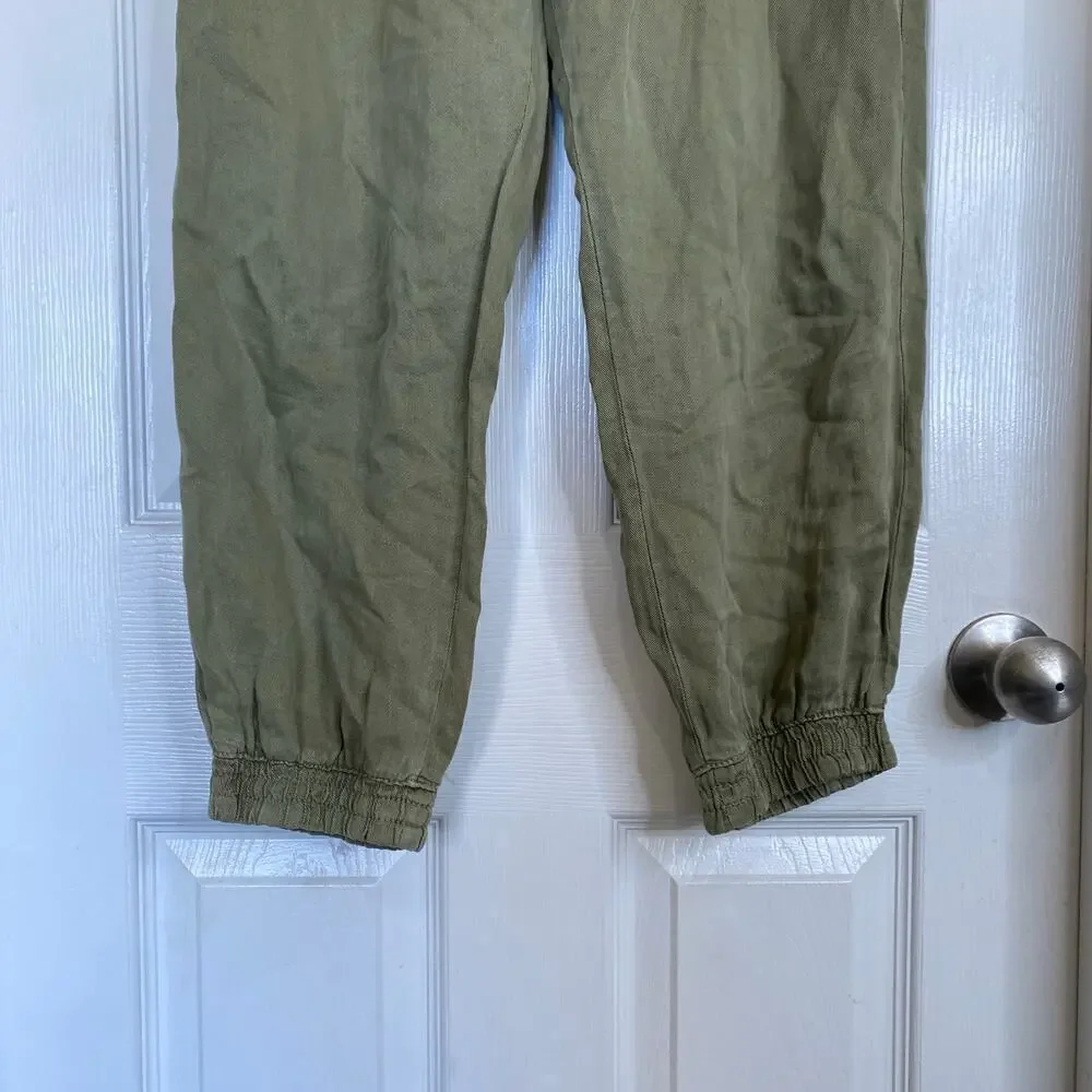 ZARA Khaki Green Linen Blend Pants High Rise Joggers Size Medium Olive Pockets